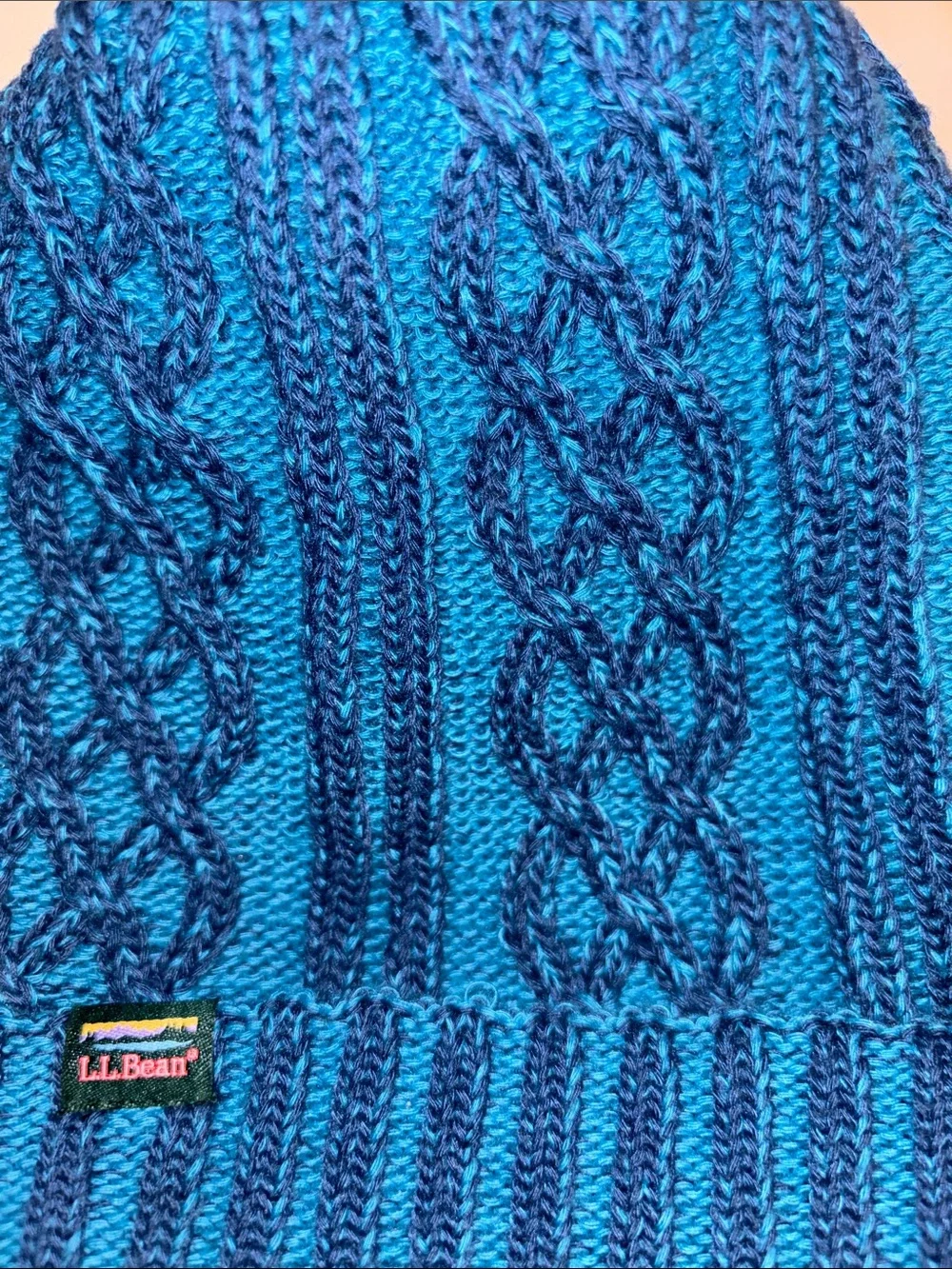 L.L. Bean Women’s Cable Knit Beanie in Teal and Navy